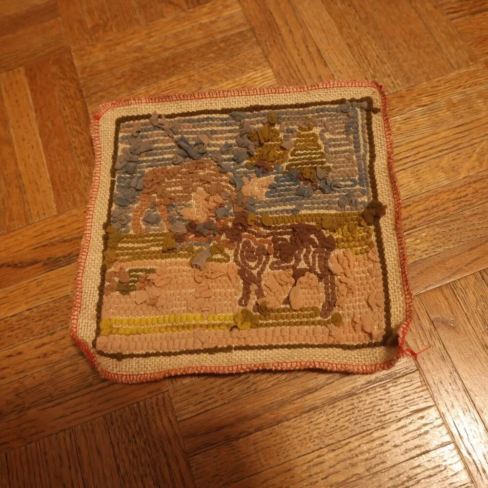 Vintage Hand Hooked Moose Rug Mat 9x9 Primitive Folk Art Cabin Lodge Wall Hangin